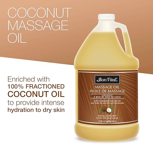 Bon Vital' Coconut Massage Oil, 1-Gallon Container, 100% Pure Fractionated Coconut Oil for Dry Skin, Lightweight Non-Greasy, Neutral Scent, Non-Staining, for Massage Therapy & At-Home Use