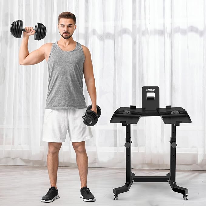 Uboway Adjustable Dumbbell Stand- Dumbbell Rack with 4 Level Height Adjustment, Weight Stand for Dumbbells with Tablet Holder and Wheels, Hand Weight Rack for Adjustable Dumbbell Set, Home Gym Fitness（Bonus Foot Pads）