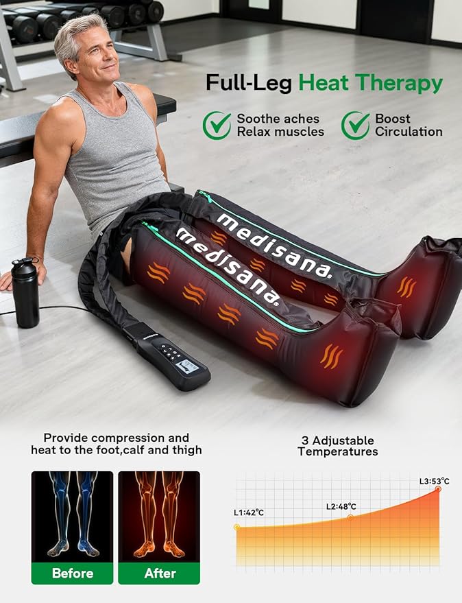 Medisana Leg Massager with Heat and Compression, Full Leg & Foot Massager Compression Boots with 6 Modes, 5 Intensity and 3 Heat for Circulation and Pain Relief - Gifts for Mom, Dad, Athletes, Gym
