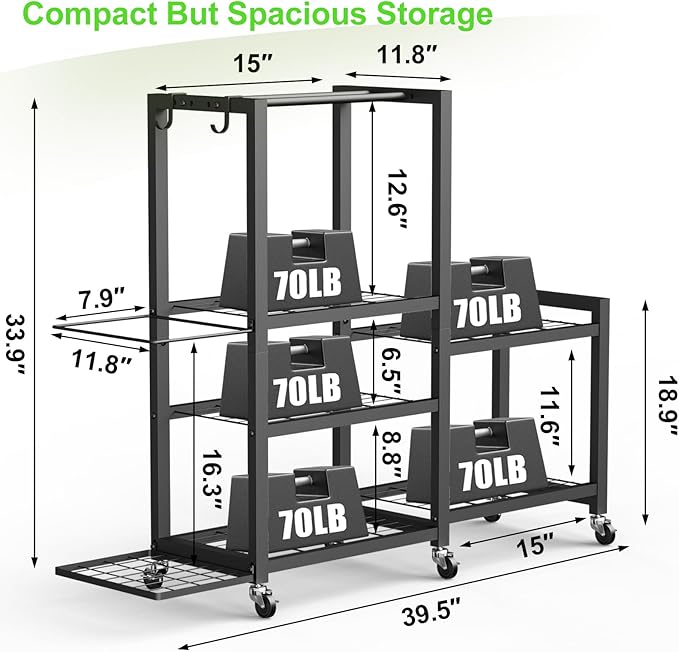 6-Tier Multi-Functional Home Gym Storage Rack with Wheels and Hooks, Adjustable Weight Rack for Dumbbells Kettlebells Yoga Mat and Balls, Space Saving Workout Equipment Storage Organizer