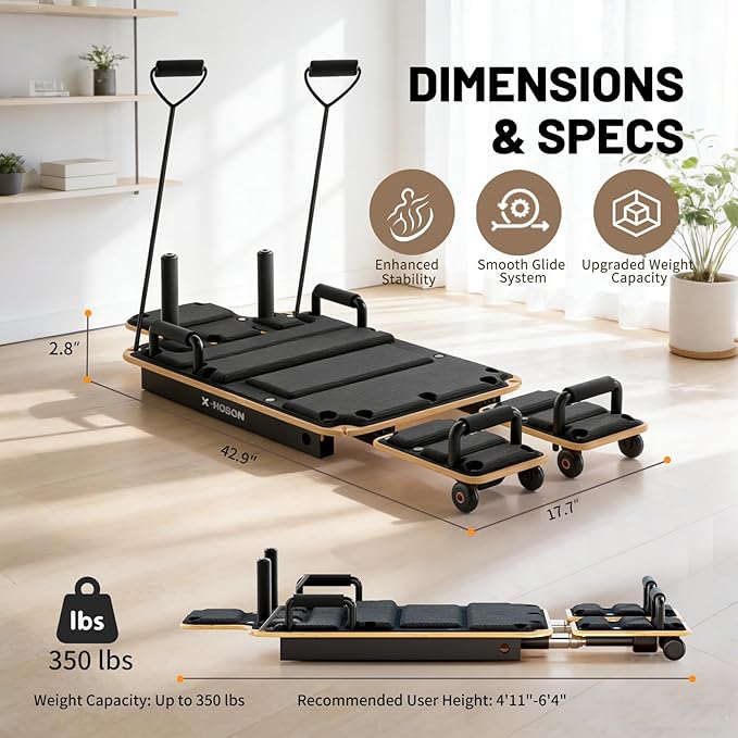 Pilates Board, Portable Pilates Reformer Board for Home, Full-Body Sliding Workout Board with Resistance Bands & Handles, Space-Saving, Up to 350 lbs