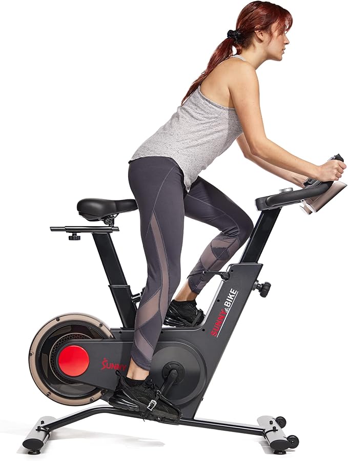 Sunny Health & Fitness Indoor Intensive Cycling Exercise Bike, Adjustable Cardio Training Exerciser w/Emergency Brake for Home, Optional Free SunnyFit App Bluetooth Link + Electromagnetic Resistance
