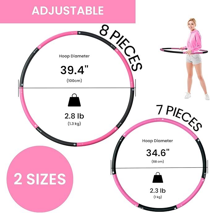 Weighted Fitness Hoop for Adults, 2.8 lb, Large Adjustable Size for Core Workouts and Weight Loss Support, 8 Detachable Sections