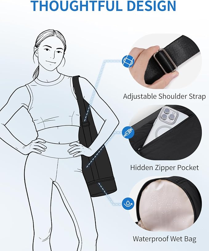 sportsnew Puffy Yoga Mat Bag Yoga Gym Bags for Women Men, Full-Zip Pilates Bag with Wet Pocket & Side Zip Drawstring Pocket Fits Tumblers with Handle, Yoga Mat Storage for Carrier Quick Access