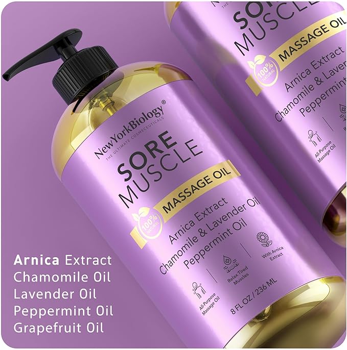 New York Biology Sore Muscle Massage Oil 8 Fl Oz – Made with 100% Natural Oils – Soothing Body Massage Oil - Absorbs Easily