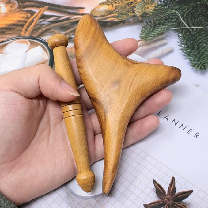 Honbay 2PCS Reflexology Tools Wood Body Massager Triangle Gua Sha Board Scraping Board Foot Massage Stick Tool Head Neck Hand Waist Calf Leg Foot Massager (Camphor Wood)