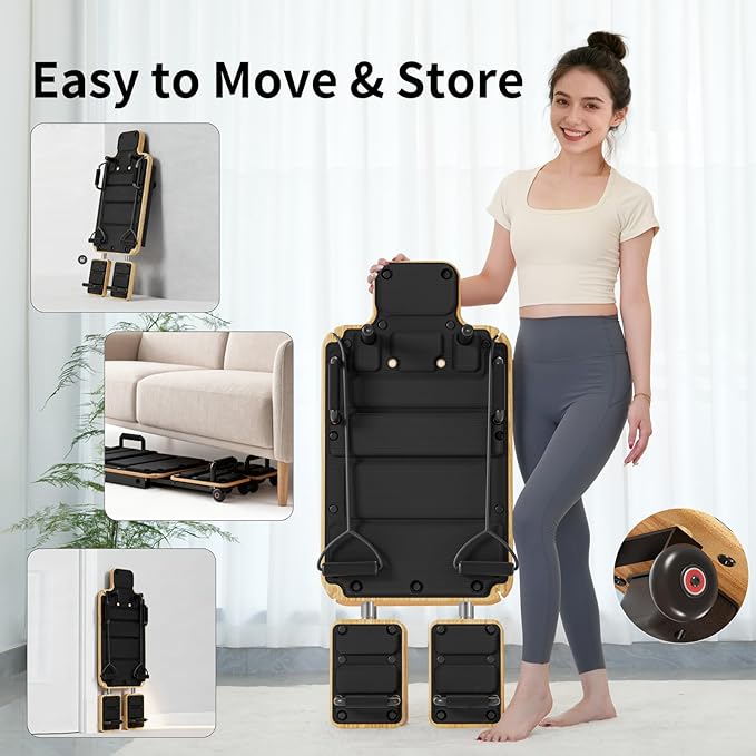 Pilates Board Reformer for Home Workout, Reformer Board, Glide Board, Sliding Rails, Maple Wood Deck & High-Strength Steel Rails, Adjustable Resistance Bands, PU Wheels, Quick Assembly