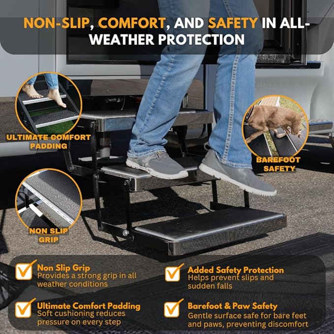 27.5" x 8" Non‑Slip SeaDek RV Step Treads – 6mm HD Material Embossed SeaDek EVA Foam, All Weather Resistant RV Stair Mats & Step Covers, Outdoor RV Accessory - Storm Gray