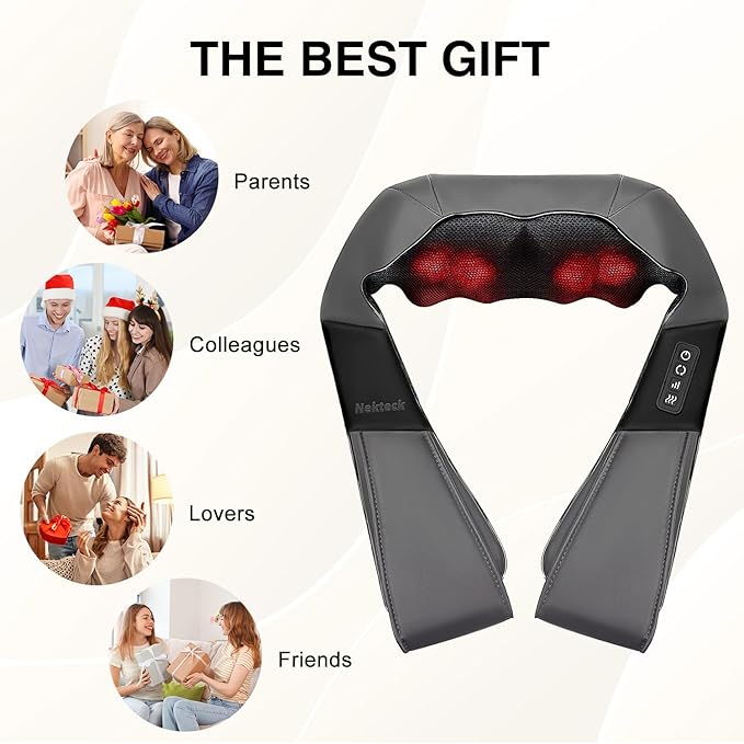 Nekteck Shiatsu Neck Massager with Heat for Pain Relief Deep Tissue, 2026 Upgraded 3D Back Shoulder Kneading Massage Pillow, Body Muscle Relaxation Tool Gifts for Him Her Mom Dad, Gray (NOT Cordless)