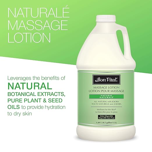 Bon Vital', Naturale Massage Lotion, 1/2 Gallon, All Natural Massage Lotion for Massage Therapy and Bodywork, Lightweight Unscented Lotion, Plant-Based Ingredients for Smooth Application