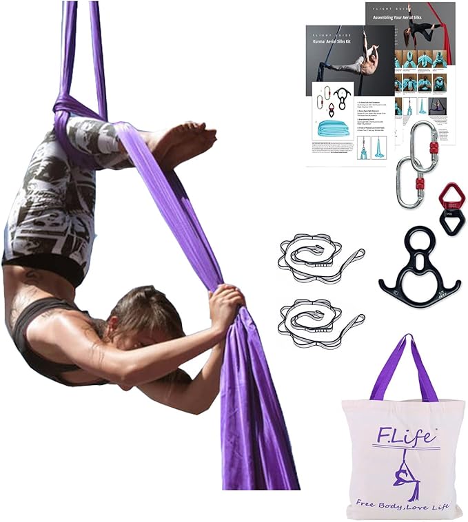 F.Life Aerial Silk 10 Yards Kit Durable Aerial Yoga Hammock with Hardware & Guide Aerial Swing for Acrobatic Flying Yoga