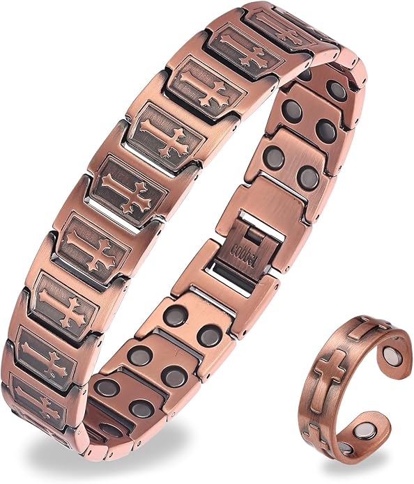 Magnetic Bracelet and Ring Set for Men, 99.99% Pure Copper Jewelry, Adjustable Cross & Celtic Knot Design, Gift for Dad