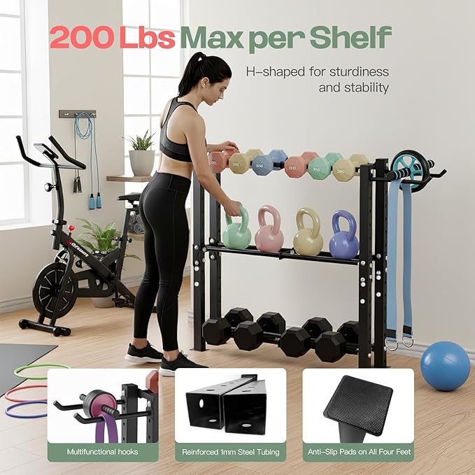3-Tier Dumbbell Rack for Women, Aesthetic Home Gym Storage for Weight Set, Kettlebells & Yoga Ball, Versatile Workout Equipment Organizer with Side Hooks, Space-Saving