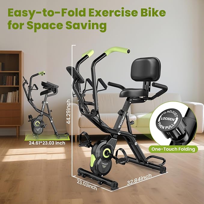 Foldable Exercise Bike, Multifunctional Indoor Stationary Bikes for Home with 8-Level Magnetic Resistance, Quiet Workout Bike with Arm Resistance Bands, LCD Monitor, 300LBS Capacity