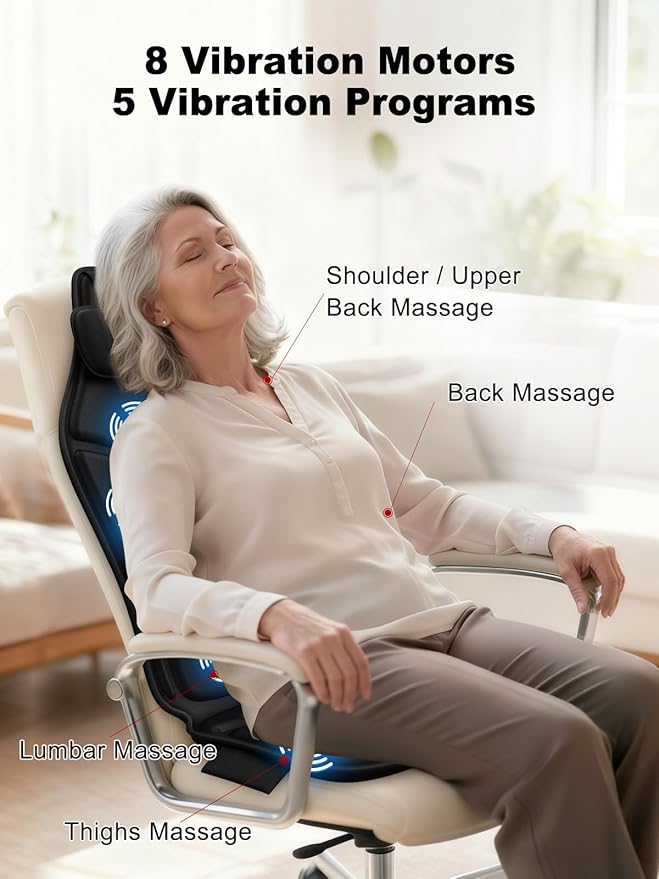 Vibration Back Massager for Chair with Heat, Massage Chair Heating Pad with Lumbar Traction, Seat Massager for Seniors, Office Workers & Family, Fatigue & Pain Relief in Office, Home Use