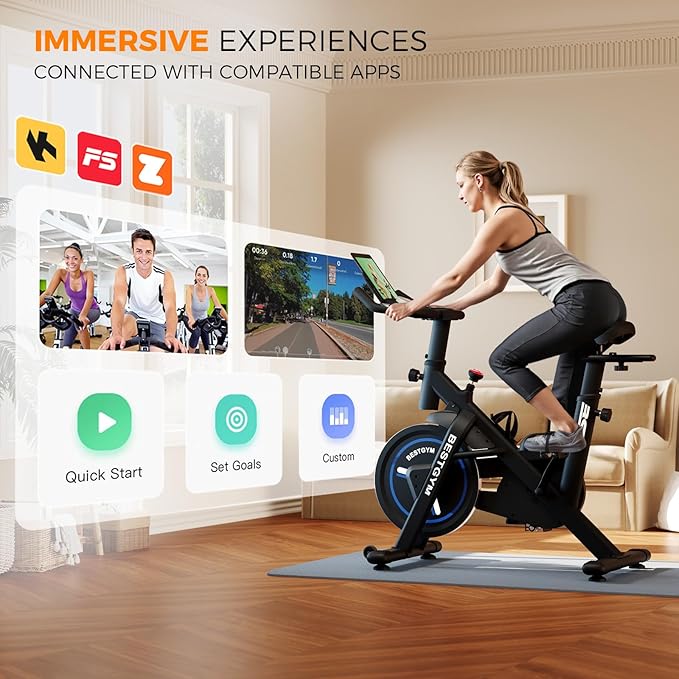 Exercise Bike, Adjustable Resistance Stationary Bikes for Home with App Compatible, Quiet Indoor Cycling Bike with 330lbs Weight Capacity, Comfortable Seat, Silent Belt Drive for Home Fitness and Weight Loss(Friction-Black)
