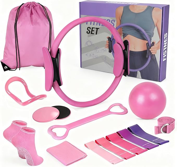 Pilates Kit for Home Workouts, Pilates Equipment Set with Ring, Ball, 5 Resistance Bands, Magic Circle Hoop, Gliding Discs, Compact Toning Fitness Essentials Starter Accessories Pilates Sets for Women