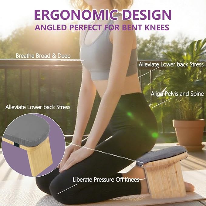 Meditation Bench, Portable Bamboo Meditation Stool, Folding Kneeling Meditation Bench, Anterior Tilt Bench, Prayer Bench with Meditation Chair with Thick Cushion, Kneeling Stool