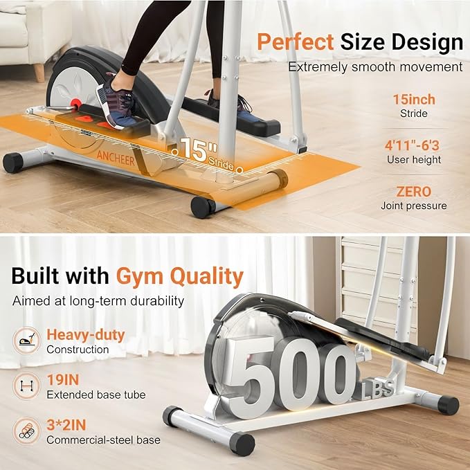 ANCHEER Elliptical Exercise Machine, Elliptical Trainer for Home Gym, Exercise Equipment 500Lbs Max Weight,Ultra-Silent Elliptical Machine, with Pulse Rate Grips&Smooth Resistance Levels