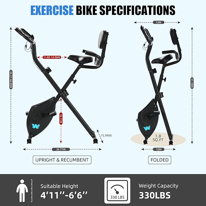 BARWING Stationary Exercise Bike for Home Workout, 5 IN 1 Foldable Indoor Cycling Bike for Seniors, 350LB Capacity, 16-Level Magnetic Resistance, Seat Backrest Adjustments