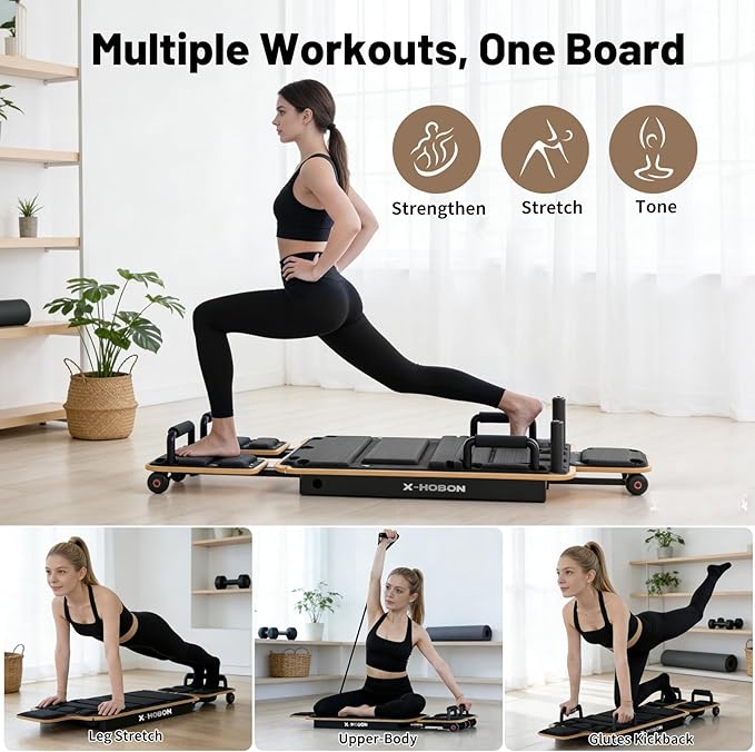 Pilates Board, Portable Pilates Reformer Board for Home, Full-Body Sliding Workout Board with Resistance Bands & Handles, Space-Saving, Up to 350 lbs