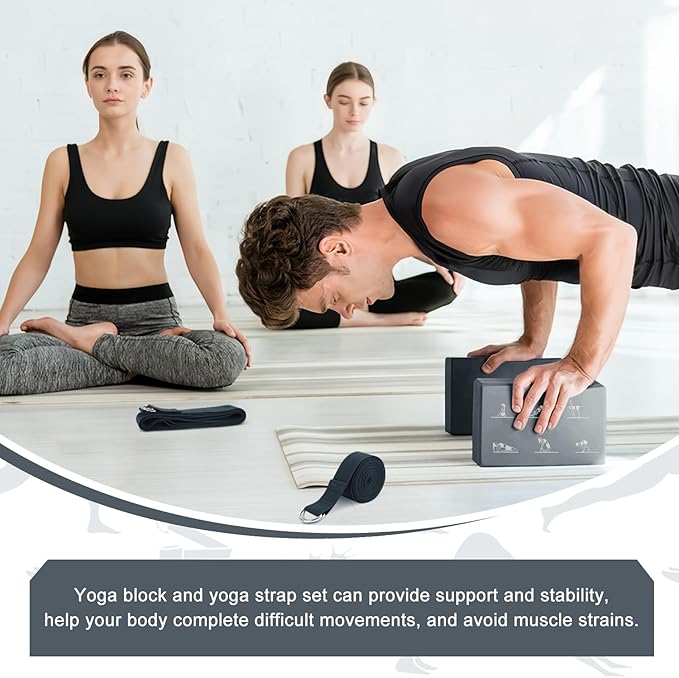 RETON Yoga Blocks Set with Straps, High Density Yoga Bricks, Lightweight EVA Foam Pilates Block, 2 Yoga Blocks with 2 Straps for Yoga, Pilates, Fitness, Stretching and Toning