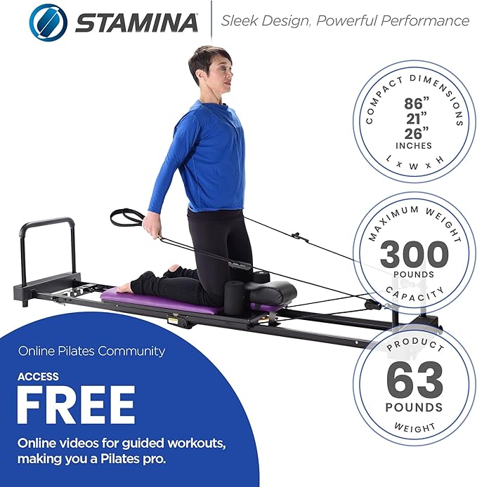 Stamina Products AeroPilates Reformer Plus 379, Pilates Home Gym Equipment with Cardio Rebounder, Padded Foot Bar, 4 Resistance Cords, and Workout DVDs