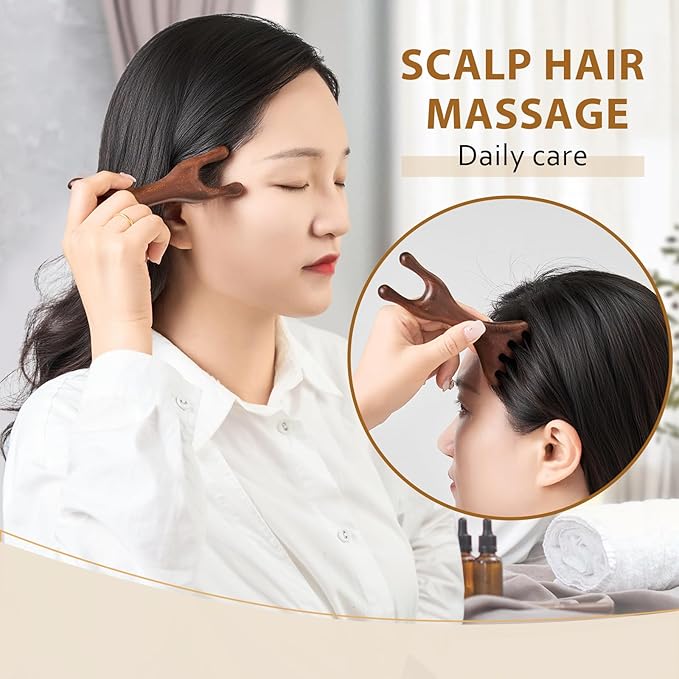 Double-Ended Wood Scalp Massager, Sandalwood Gua Sha Comb, Head Scalp Scratcher Massage Tool for Deep Relaxation & Stress Reductio Gifts(MoyRetty)