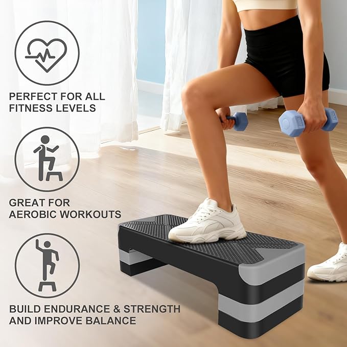 MIUDGIG 27" Exercise Workout Aerobic Step Platform Trainer, Adjustable Fitness 4-6-8in Exercise Stepper Workout with 4 Risers, Aerobics Stepper Workout Stepper for Home Gym Cardio Strength & Training