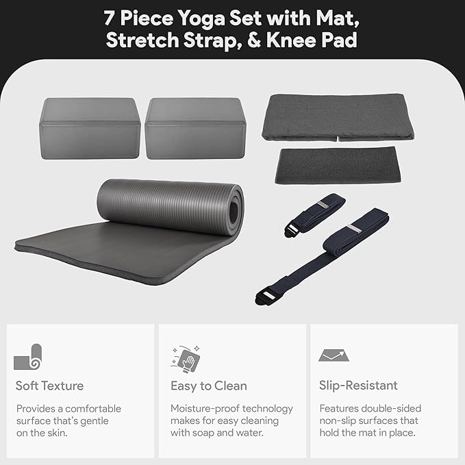 BalanceFrom 7-Piece Yoga Set with 71x24x0.5 Inches Extra Thick Mat and Carrying Sling – Includes 2 Blocks, Stretch Strap, 2 Towels, and Knee Pad for Home, Studio, and Gym Workouts