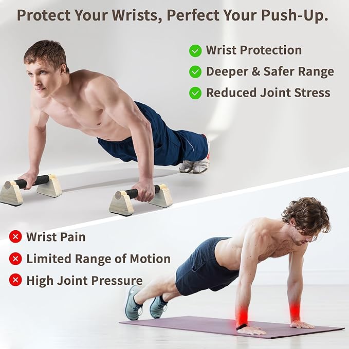 Parallettes Bars, Wooden Push Up Bars with Wrist Wraps for Men & Women, Handstand Training Bars for Home Gym, Non-Slip Calisthenics Equipment, 440lbs Durable Floor Push Up Handles