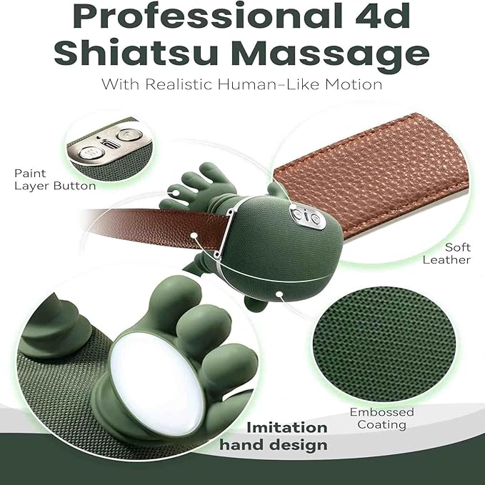 Neck Massager with Heat, 4D Deep Tissue Shiatsu Neck Massage Machine for Pain Relief, Electric Cervical Shoulder & Back Massager with Simulated Human Hand Kneading, Muscle Relaxation (Green)