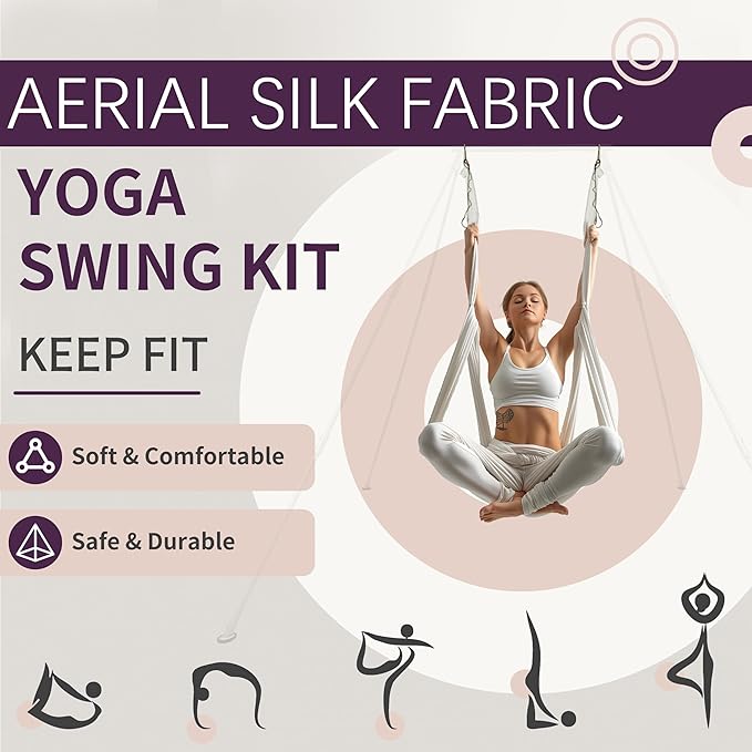 Kojem Aerial Silk Fabric Yoga Swing Kit For Fitness Yoga Inversions Flexibility Core Strength Dance White Nylon Fabric 6.6/13.1 Yards