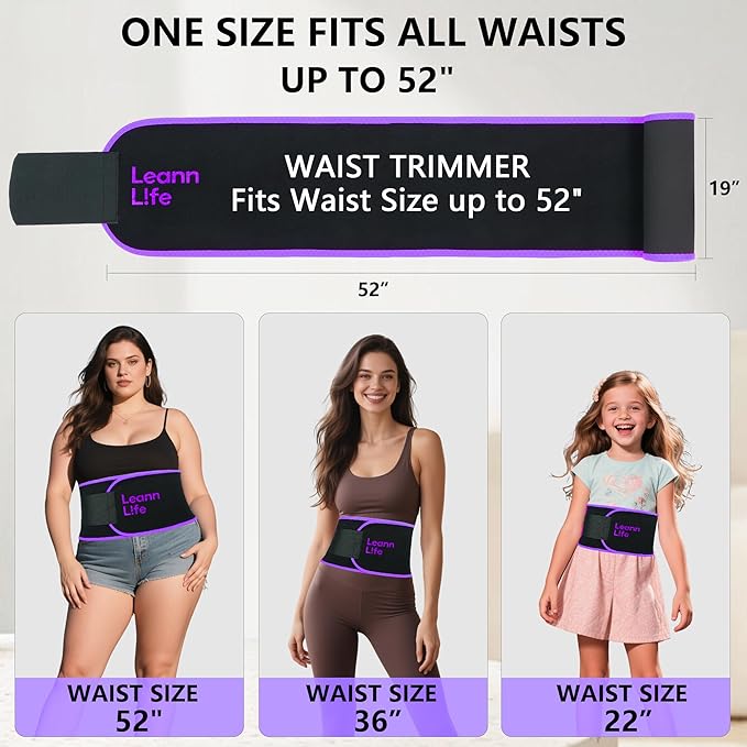 Waist Trimmer Belt – One Size 52″ Fits All Women & Men, Premium Neoprene Sweat Waist Trainer for Workout & Fitness