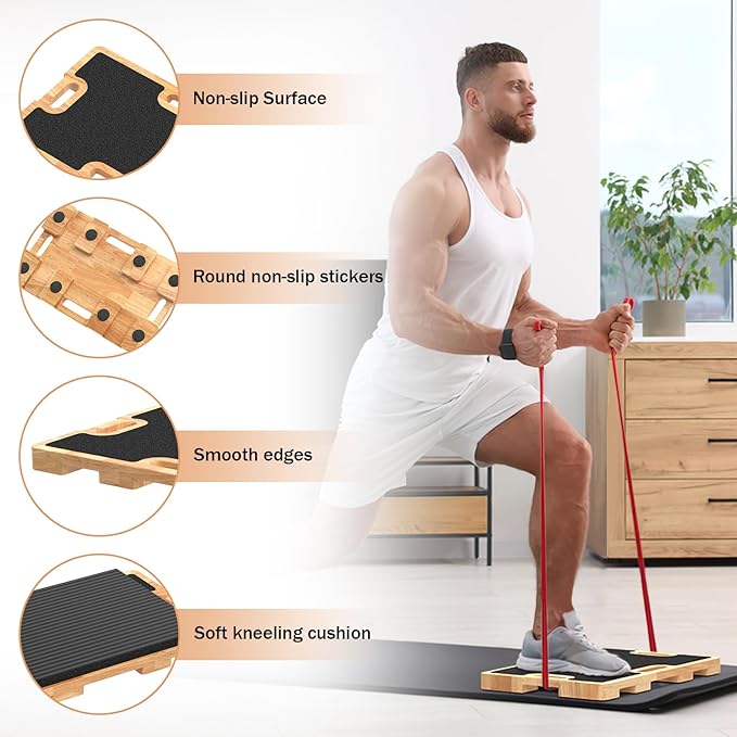 Wood Resistance Band Foot Plate, Non-Slip Exercise Board with Free Soft Pad & Drawstring Bag for Strength Training, Stretching & Balance, Home Gym Fitness Platform for Full-Body Exercises