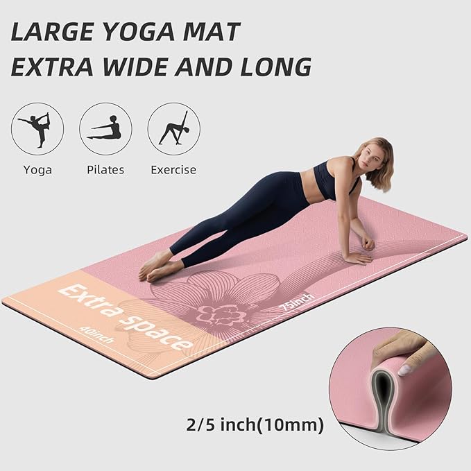 Large Yoga Mat 76"x 40"x10mm (2/5 inch) – Extra Thick & Wide, TPE Fitness Mat, Printed Non-Slip Exercise Mat with Carrying Strap for Men & Women, Pilates, Stretching, Fitness & Workout