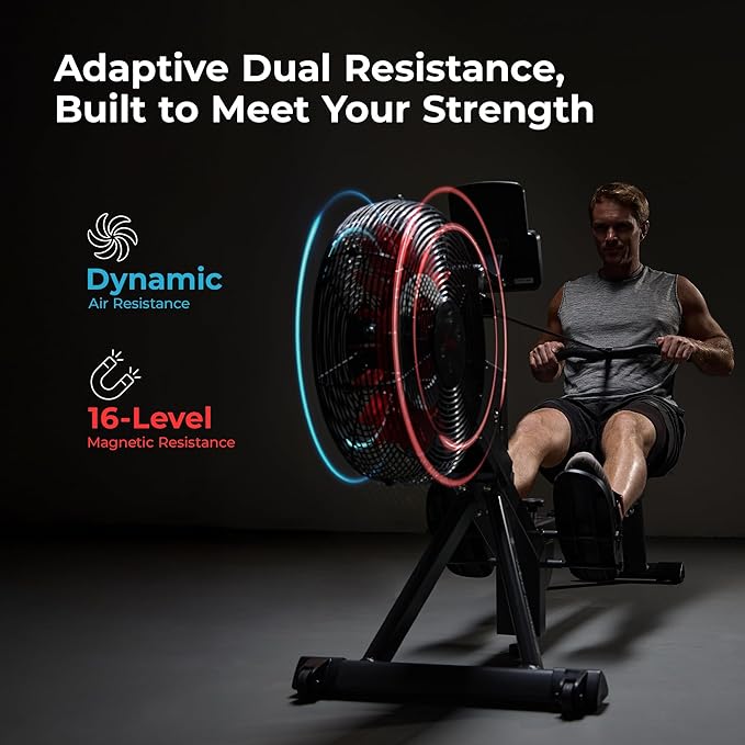 Sunny Health & Fitness Air Strive Smart Rower, Full-Body Training Rowing Machine with Spacious Inseam, Flip-Up Design for Home Gym, Free SunnyFit App Connection, Optional Dual Resistance