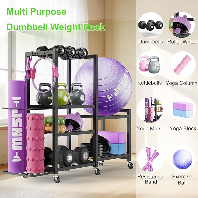 6-Tier Multi-Functional Home Gym Storage Rack with Wheels and Hooks, Adjustable Weight Rack for Dumbbells Kettlebells Yoga Mat and Balls, Space Saving Workout Equipment Storage Organizer