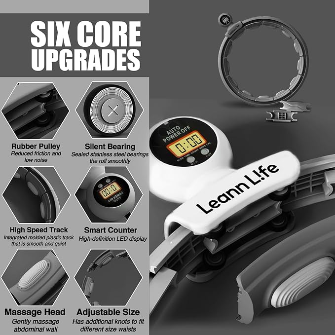 U5 Smart Weighted Hula Hoop with Counter – 16 Knots, 28"–46" Adjustable Infinity Hoop Plus Size, Quiet Rubberized Wheels, Ab Workout, Home & Outdoor Fitness, Weight Loss, Abdominal Toner