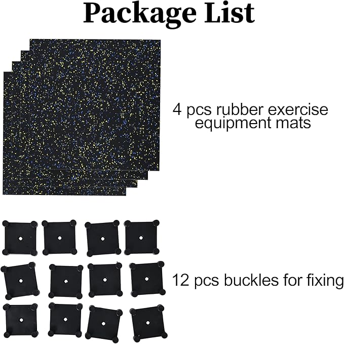 Nisorpa 1" Thick Rubber Exercise Equipment Mats, Anti-Vibration Pads 20" x 20'', Sound Absorbing Mat, Gym Floor Tiles Non-Slip, with 12 Pcs Buckles for Fixing, for Fitness Equipment (4 Pcs)