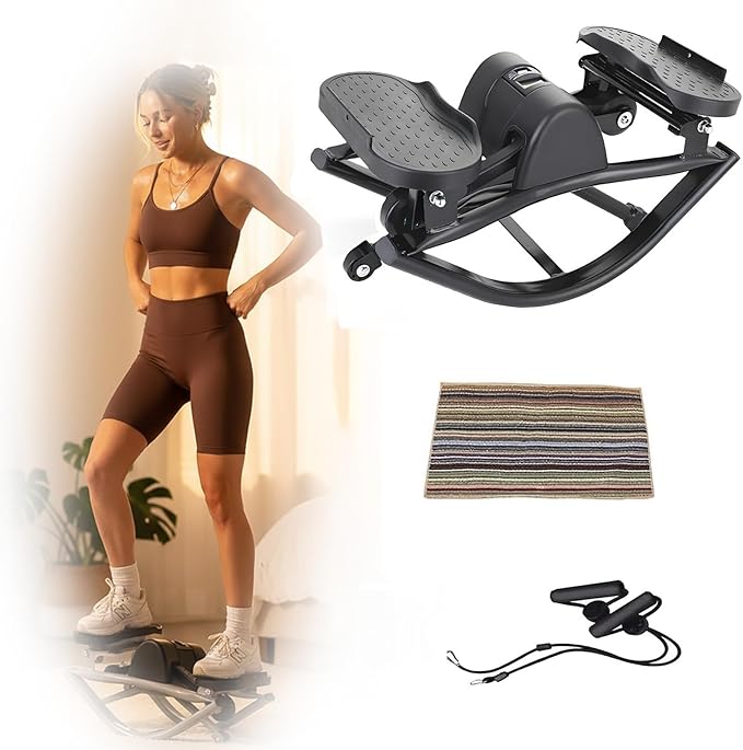 Rock Stepper Side to Side, Digital Display Mini Stepper with Resistance Bands, Steppers for Exercise at Home, Quiet Low Impact Workout Machine for Arm Legs Glutes, Portable Fitness Equipment
