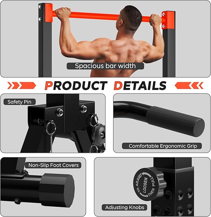 DlandHome Foldable Power Tower Pull Up Bar Dip Station, Adjustable Height Multifunction Workout Pull Up Tower Station for Home Gym, Strength Training Equipment, Triangular Legs, Up to 330lbs