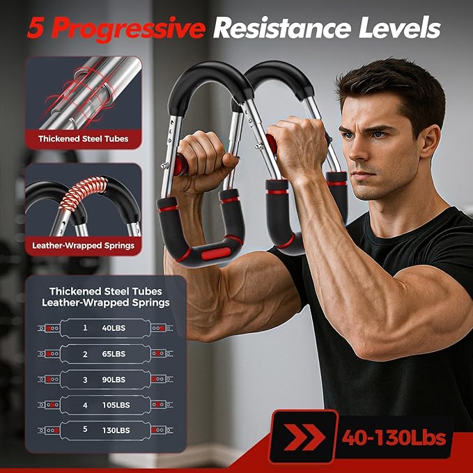 Twister Arm Trainer, Chest Workout Equipment for Men & Women Adjustable 5 Resistance Levels (40-130 lbs), Ergonomic Home Gym Strength Trainer with Anti-Slip Handles & Carry Bag
