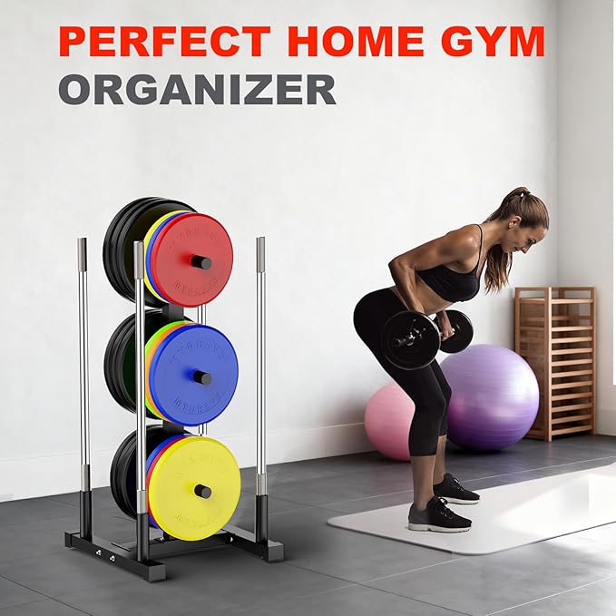 Weight Plate Rack for Home Gym - 6 Post Olympic Plate Holder with Wide Stability Base, Barbell Storage & Bumper Plate Tree Organizer, Heavy Duty Space Saving Gym Equipment