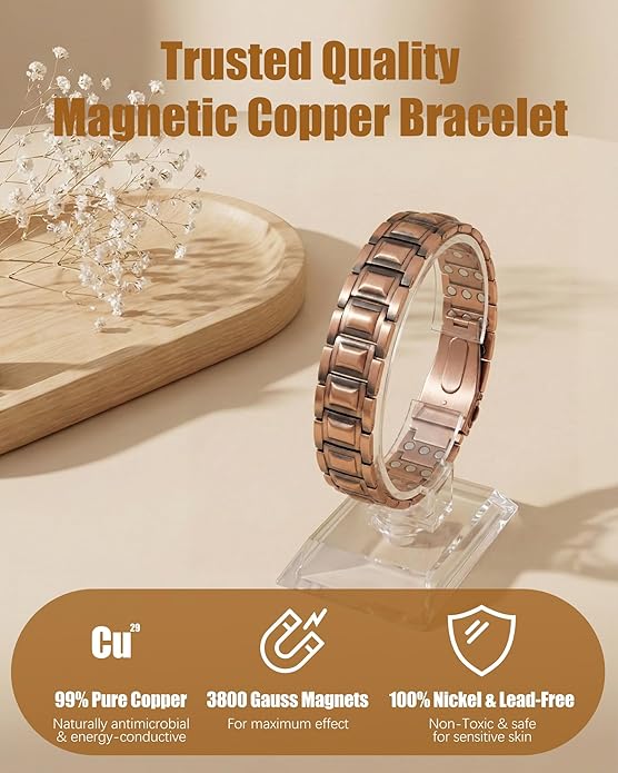 3X Strength Magnetic Copper Bracelet for Men - 99.9% Pure Copper Bracelet & Ring Set - Premium Fold-Over Clasp and Adjustable Length Sizing Tool & Jewelry Box