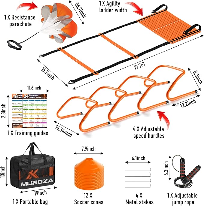 Agility Ladder, Agility Speed Training Equipment Set, 20ft Speed Ladder, 12 Soccer Cones, 4 Hurdles, Jump Rope, Running Parachute, Soccer Football Basketball Training Equipment Accessories