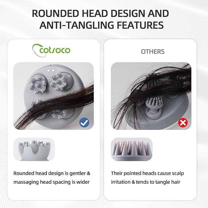 cotsoco Electric Scalp Head & Back Massager, Cordless Hair Massage Waterproof Head Massager with 4 Heads 84 Nodes for Hair Growth, Stress Relief & Deep Clean, Gifts for Men Women, Black
