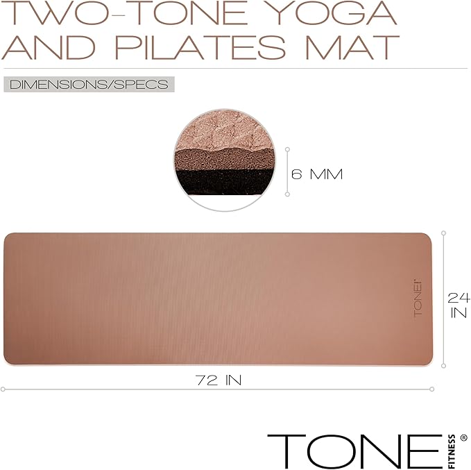 TONE Fitness Yoga Mat 1/4" Thick Non Slip Exercise & Pilates Mat for Home Workouts with Carrying Strap | Multiple Options