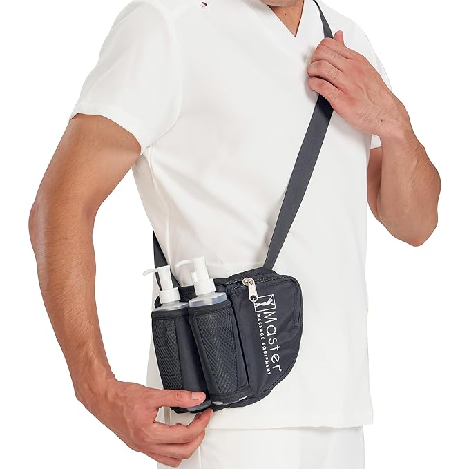 Master Massage Double Bottle Massage Oil & Lotion Holster Bag-Adjustable Dual Kit–Two 8 Oz Refillable Pump Dispenser