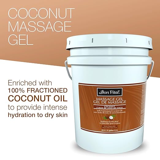Bon Vital' Coconut Massage Gel, 5 Gallon, Lightweight Formula with Pure Fractionated Coconut Oil, Professional Therapy Lotion, Hydrating and Unscented